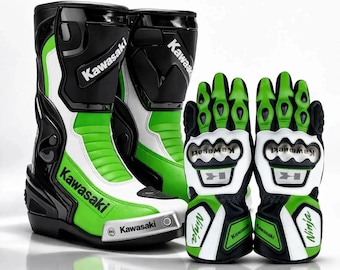 Kawasaki Motorcycle Racing Boots & Leather Gloves Set | Green Black White Motocross Riding Gear