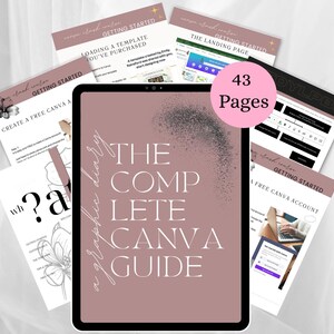 Puede incluir: Una guía digital titulada "The Complete Canva Guide" que se muestra en una tableta, rodeada de varias páginas con el texto "Getting Started". La guía tiene 43 páginas y utiliza una paleta de colores rosa suave.