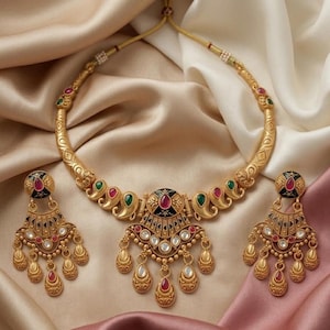 Indian Antique Enamel Kundan Choker Set Gold Plated Necklace Ruby Green Jewelry Statement Choker Earrings Traditional Set