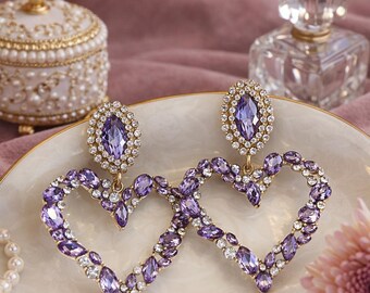 Pendientes coreanos de corazón morado para mujer / Pendientes colgantes de corazón de cristal / Joyería india para fiestas / Pendientes románticos con estilo