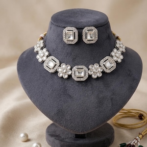 Indian Silver Kundan Choker Set | Floral Geometric Statement Bridal Jewelry, Earrings Included