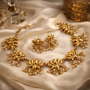 Op de afbeelding: Een gouden ketting en bijpassende oorbellen set. De sieraden hebben lotusbloemmotieven met bungelende parelaccenten. De set wordt gepresenteerd op een crèmekleurige satijnen stof, met andere decoratieve items op de achtergrond.