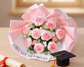 Gran ramo de rosas de ganchillo con luces de hadas, regalo para el Día de la Madre, flores de graduación, arreglo floral tejido a mano con bolsa de regalo.