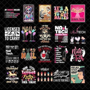 May include: A selection of nail art-themed graphics and text designs. The images feature phrases like "Nail Tech," "Licensed to Carry," and "I'm the Nail Tech." The color palette includes pinks, purples, and black, with illustrations of nail polish bottles and tools.