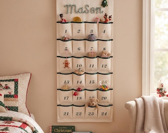 Personalized Canvas Advent Calendar for Kids, 24 Pocket Christmas Countdown, Custom Name Holiday Wall Decor