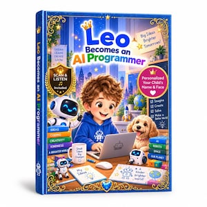 May include: A hardcover book titled Leo Becomes an AI Programmer with a blue cover featuring a cartoon child using a laptop, small robots, a puppy, and text including Big Ideas Brighter Tomorrows, Scan & Listen, and Personalized Your Child's Name & Face.