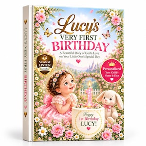 May include: A hardback book titled Lucy's Very First Birthday featuring a child in a pink dress, a birthday cake with a number one candle, and a plush bunny. The cover includes text, floral borders, butterflies, and a scan and listen badge.