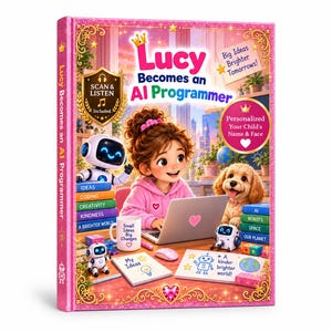 May include: A hardcover book titled Lucy Becomes an AI Programmer with a pink glittery border. The cover features a child using a laptop, small white robots, a dog, and notebooks labeled My Ideas and A kinder brighter world. Text includes Scan & Listen and Big Ideas Brighter Tomorrows.
