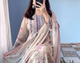 Chinon Silk Kurta Pant Dupatta Set, Digital Print Mirror Work
