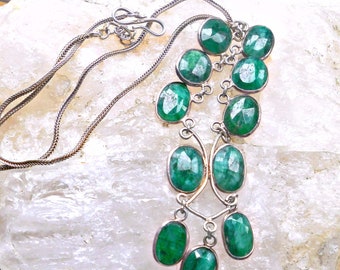 Emerald green chalcedony gemstone and sterling silver Y necklace, faceted gemstone drops, handmade, Valentine's Day