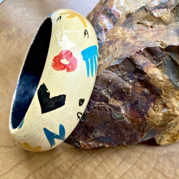 vintage hand painted and lacquered wooden one of a kind bangle by designer Carol for Eva Graham