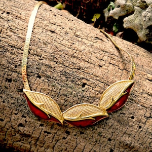 Trifari gold and red collectible necklace, vintage 1960's bib style, enamel leaves, gift for her