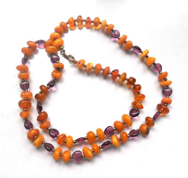 Amber and amethyst beaded necklace sterling silver