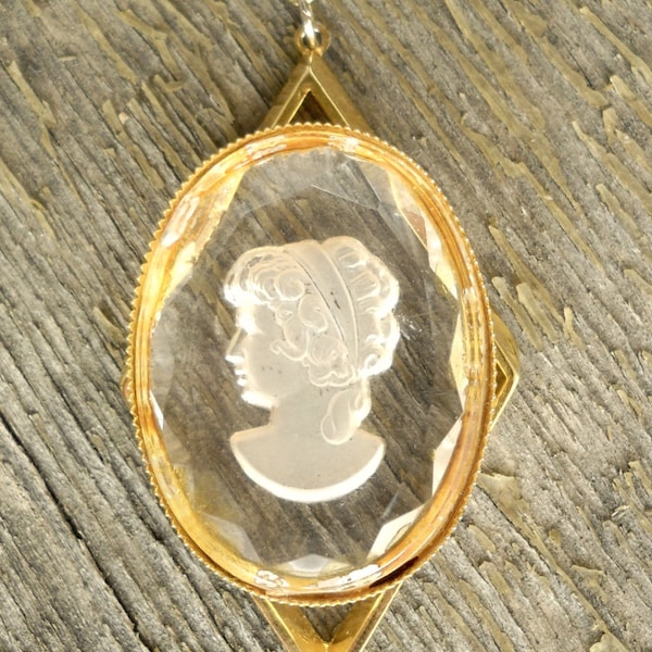Vintage cameo necklace, lucite, gold, reverse carved pendant, 1960's, gift for her