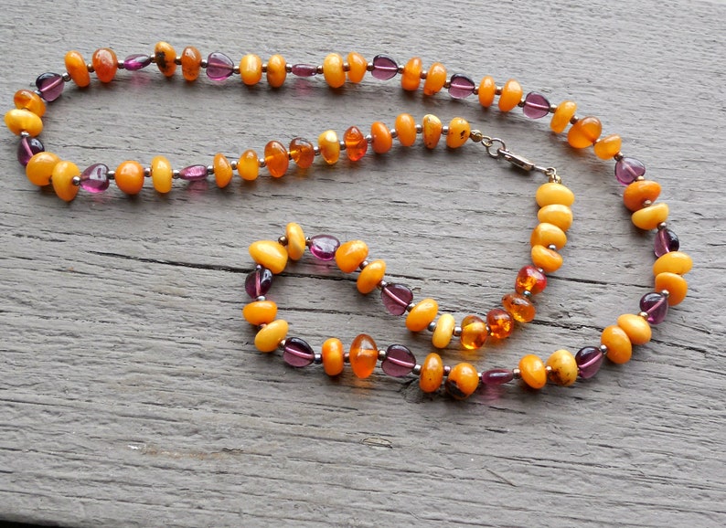 Amber and amethyst beaded necklace sterling silver