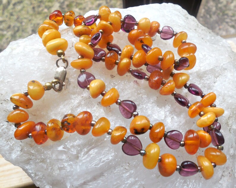 Amber and amethyst beaded necklace sterling silver