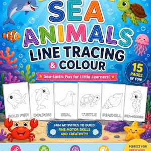 印刷可能な海の生き物の線画ワークシート、幼稚園・保育園向けアクティビティ、ビジーブック、教育ページ、PDFワークシート