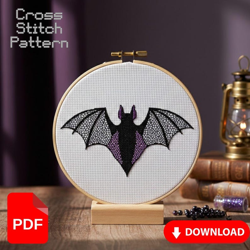 Bat Cross Stitch Pattern PDF, Gothic Vampire Bat Embroidery Design ...