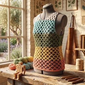 May include: A handmade, open-weave crochet top in a gradient of colors, including white, teal, green, yellow, and peach. The top is displayed on a mannequin. Several balls of yarn and crochet hooks are on a wooden table.