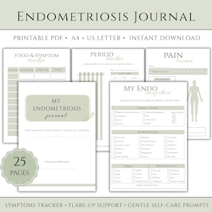 Op de afbeelding: Een Endometriose Journal met 25 pagina's, ontworpen als een afdrukbare PDF in A4- en US Letter-formaten. Het bevat secties voor het volgen van voeding, symptomen, menstruatie en pijn, evenals een overzicht van symptomen en triggers.