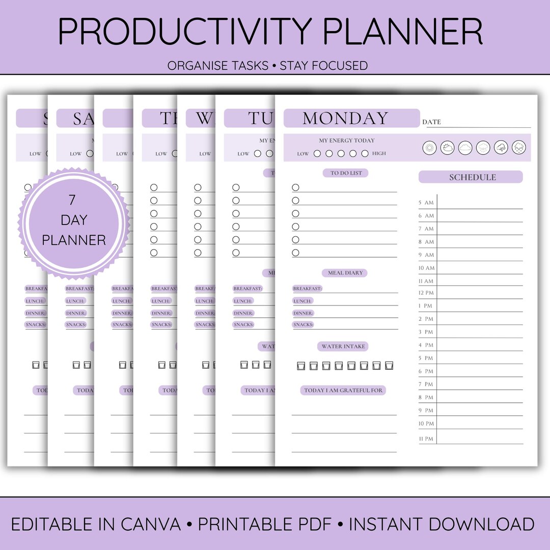 Productivity Planner Printable Hourly Schedule Daily Organiser ...