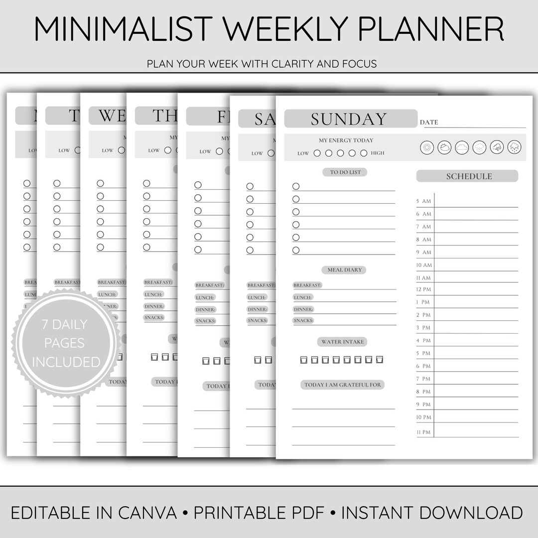 Minimalist Weekly Planner Printable Hourly Schedule Productivity ...