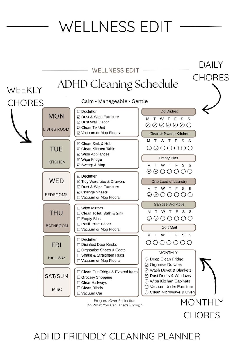 ADHD Cleaning Schedule Editable Canva Planner Daily Weekly Monthly ...