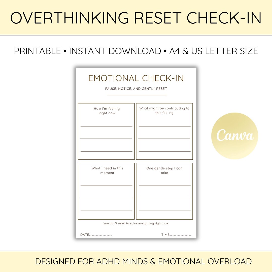 Overthinking & Anxiety Reset Worksheet ADHD Friendly Printable ...