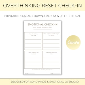 Scheda di lavoro per il rimuginare eccessivo e l'ansia - Adatta a persone con ADHD - Stampabile - Regolazione emotiva - Download immediato