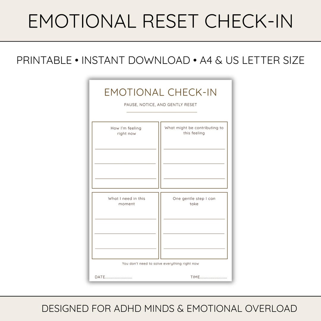 Emotional Reset Printable ADHD Worksheet for Overwhelm Mental Health ...