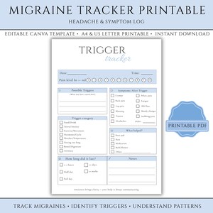 Op de afbeelding: Een afdrukbare migraine tracker met een lichtblauw ontwerp. Het document bevat secties voor het volgen van pijnniveaus, mogelijke triggers, symptomen en notities. De tekst op het document bevat "Trigger Tracker" en "Headache & Symptom Log."