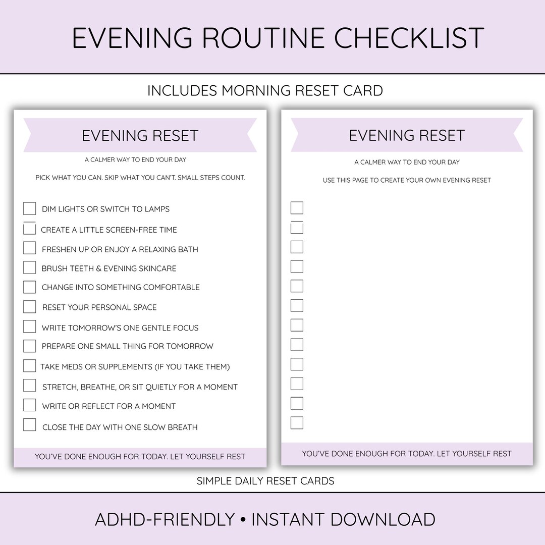 Evening Routine Checklist Printable ADHD Wind Down Planner Night Reset ...