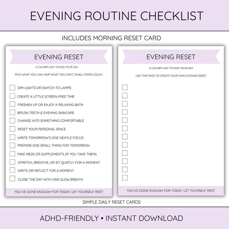 Evening Routine Checklist Printable ADHD Wind Down Planner Night Reset ...