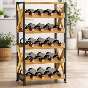 May include: A wooden wine rack with a black metal frame, holding multiple bottles of wine. The rack has five shelves, each designed to cradle the wine bottles horizontally. The wood has a natural finish, and the rack is sturdy and functional.