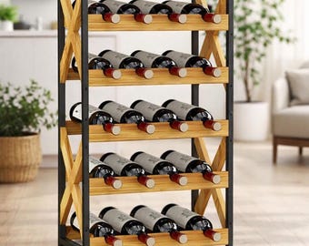 20-Bottle Freestanding Wine Rack with Wood Top, Stackable Wine Storage Shelf