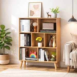 May include: A light brown wooden bookshelf with multiple compartments. The shelves are filled with books, decorative items, and a small speaker. A framed picture and a plant sit on top. The bookshelf has four legs.