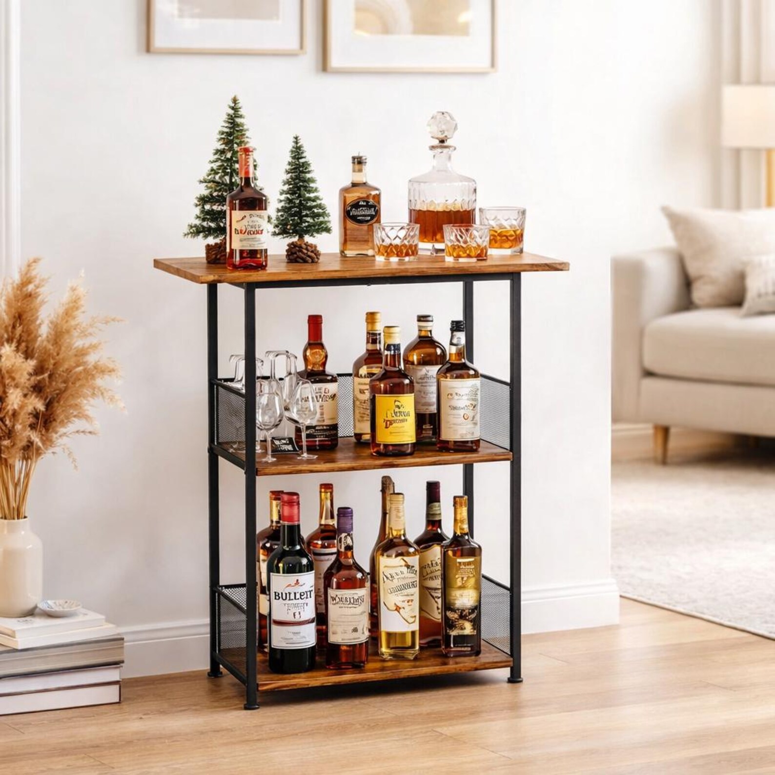 3-tier Floor Standing Wine Rack, Small Whiskey Rack Bar Cabinet for ...