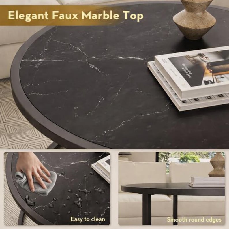 May include: A round coffee table with a black faux marble top and a dark metal frame. The table has smooth round edges and is easy to clean. The text "Elegant Faux Marble Top" is visible.