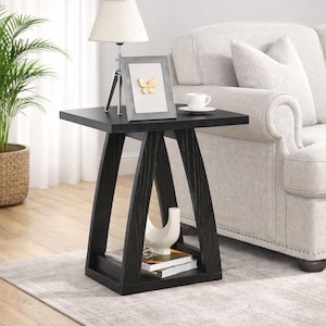 Modern Black End Table with Shelf for Living Room Bedroom Sofa