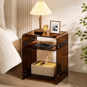 Acrylic End Table with Storage, Clear Record Player Stand, Modern Nightstand