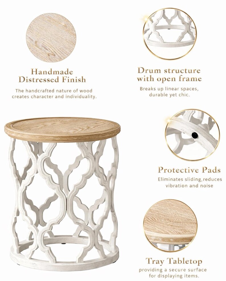 Puede incluir: Mesa auxiliar redonda con tapa de bandeja y acabado envejecido. La mesa tiene una estructura de tambor abierta blanca y una tapa marr&oacute;n claro. El texto de la imagen dice "Handmade Distressed Finish" y "Tray Tabletop".