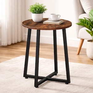 May include: A round side table with a dark brown wood-look top and black metal legs. A small potted plant, a book, and a white teacup and saucer sit on the table. The table is approximately 20 inches in diameter and 24 inches tall.
