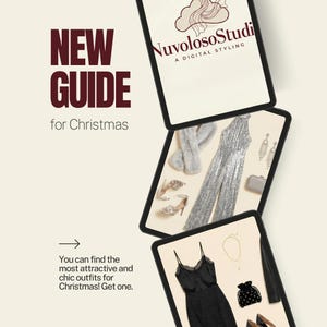 May include: Digital styling guide for Christmas, with the text "NEW GUIDE for Christmas" and the logo "NuvolosoStudi". The guide displays outfit ideas on a tablet, including a sequined jumpsuit, a black dress, and accessories like shoes and jewellery.