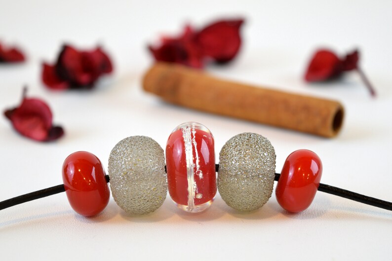 murano bead set murano glass beads red glass beads silver glass beads Lampwork glass beads red bead set lampwork bead set