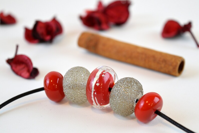 murano bead set murano glass beads red glass beads silver glass beads Lampwork glass beads red bead set lampwork bead set