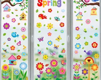Pegatinas para ventanas de primavera y verano, 78 unidades, mariposas, pájaros y flores, antichoque, ideales para decorar ventanas de aulas o cualquier espacio durante la temporada.