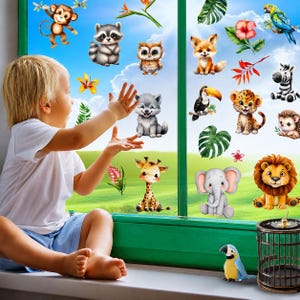 Animal Window Stickers Set, 38 Cute Elephant Monkey Bird Decals for Kids Room, Living Room, Kitchen, Bathroom Tile Decor