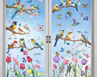 Spring Summer Window Clings Set 78pcs Butterfly Bird Flower Anti Collision Window Stickers Seasonal Home Decor