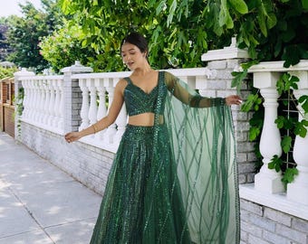glittery green Lehenga Choli for Women, Designer Wedding Indian Ethnic Wear, Reception Wear, Ready to Wear Lengha