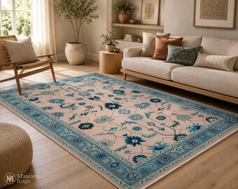 Blue Floral Persian Style Rug, Vintage Inspired Oriental Area Rug, Handcrafted Turkish Oushak Style Carpet, Boho Living Room Rug